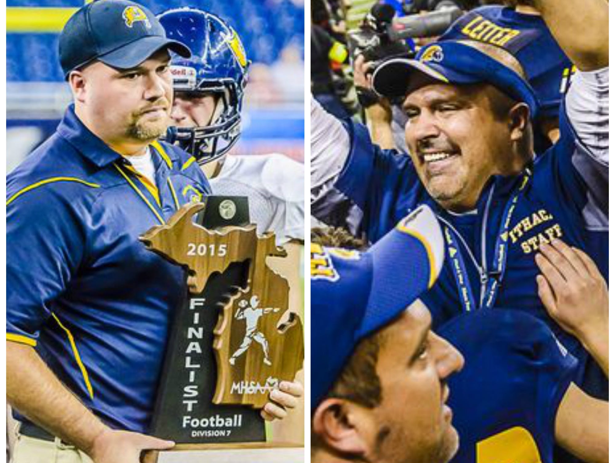 Jeremy Miller of Pewamo-Westphalia and Terry Hessbrook of Ithaca are in the running for the Detroit Lions Michigan High School Football Coach of the Year.