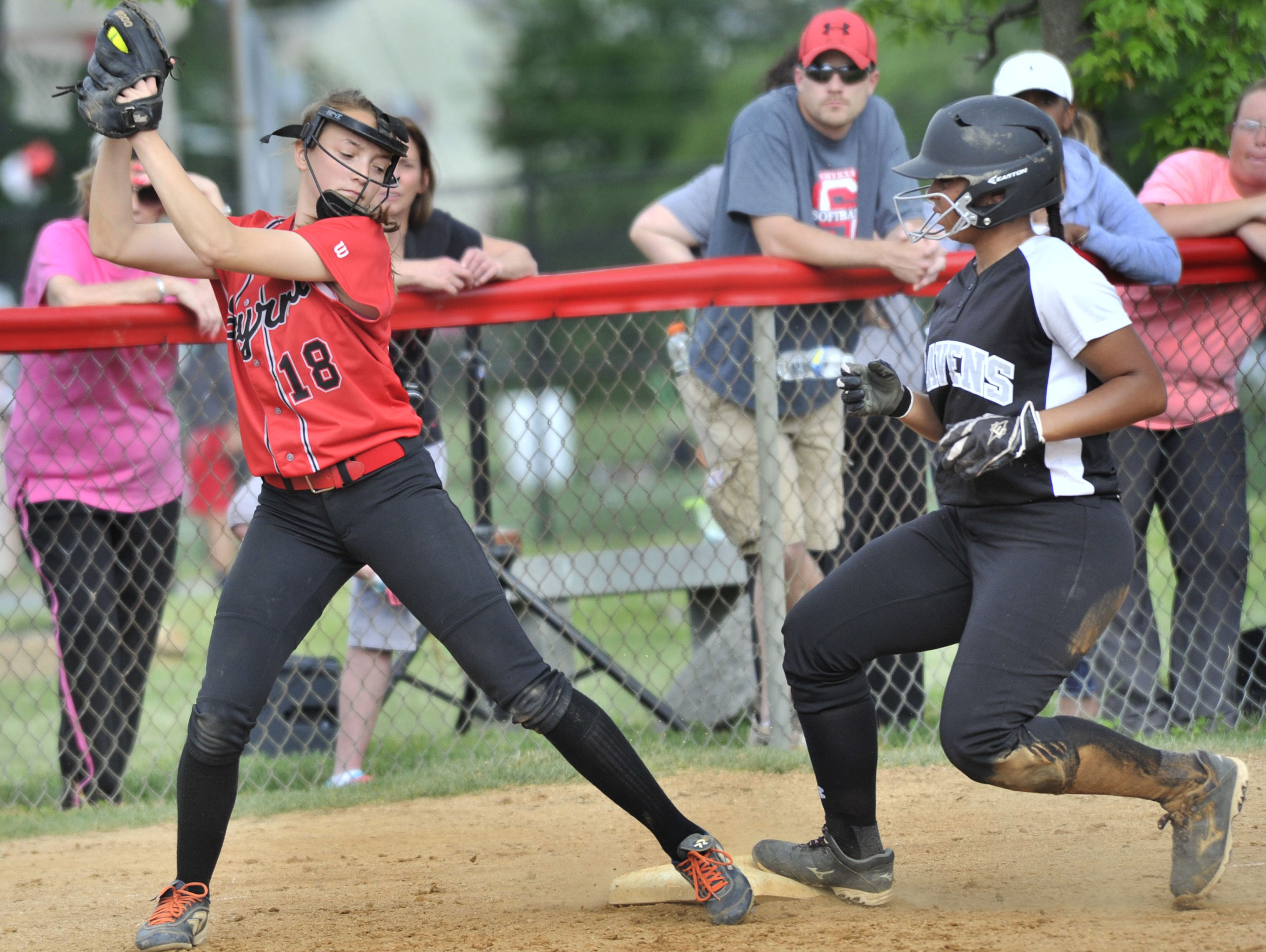Sussex Tech's Madison Watson advanced to third when a pitch got away from the Eagles' catcher early in the game Thursday. Sarah Miller of the Eagles takes in a late throw.