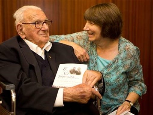Nicholas Winton shares a moment with his daughter,