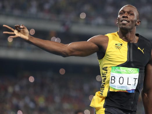 Usain Bolt (JAM) celebrates after the men’s 4x100 relay.
