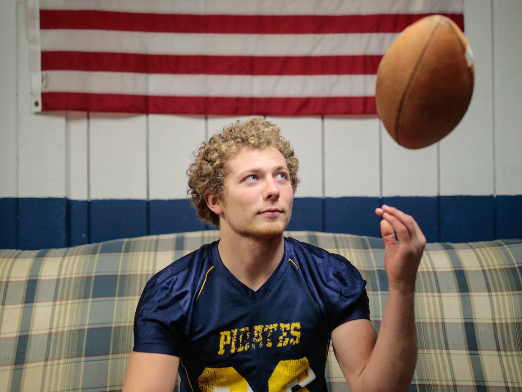 Pewamo-Westphalia running back Jared Smith poses for a photo after practice at Pewamo-Westphalia on Monday. Smith, who set the single-season rushing state record last year, has gained over 8,000 yards during his career.