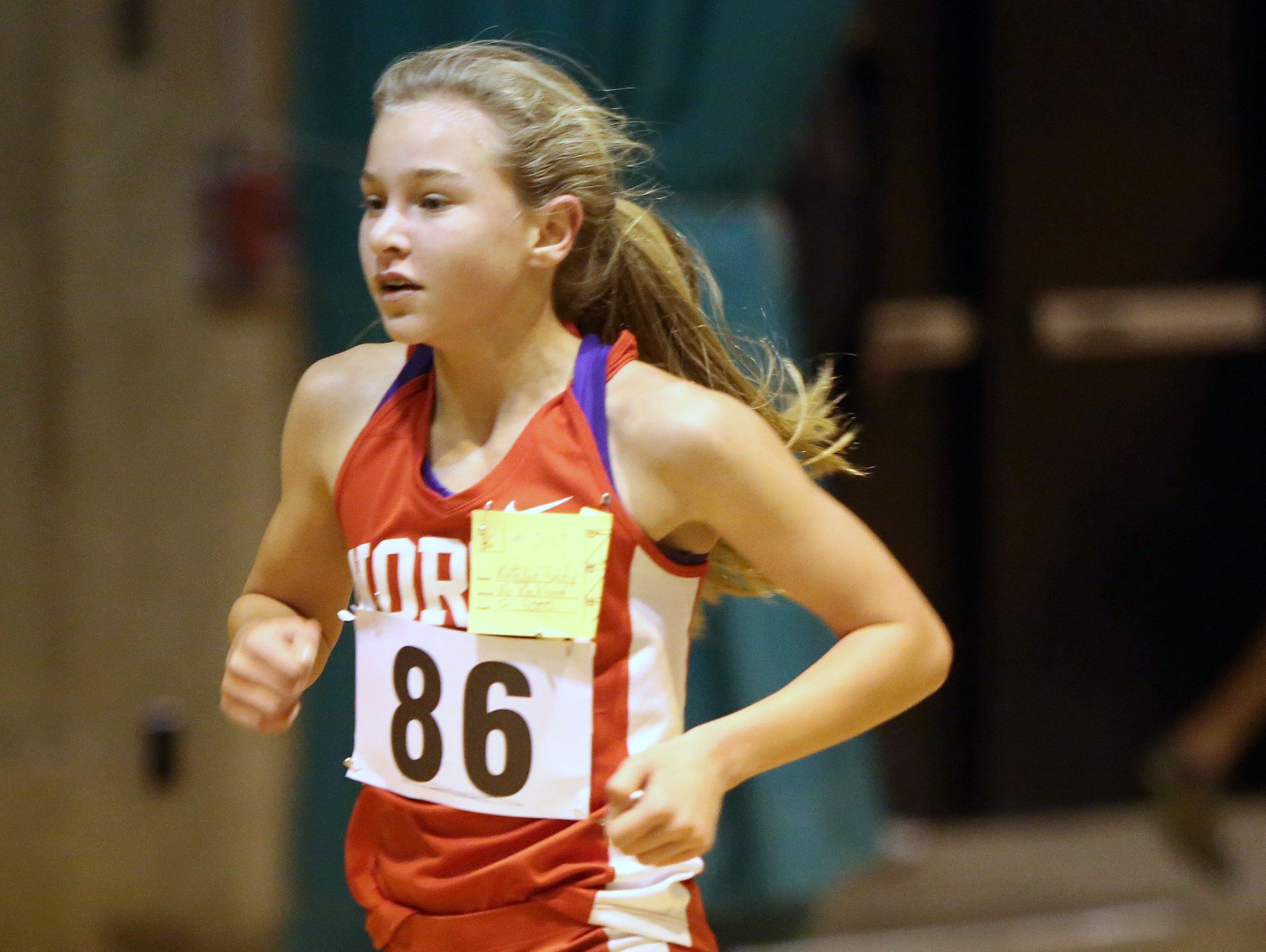 Katelyn Tuohy, an 8th grader from North Rockland, won the girls 3000 invitational during the Rockland Coaches Invitational indoor track meet, Jan. 6, 2016.