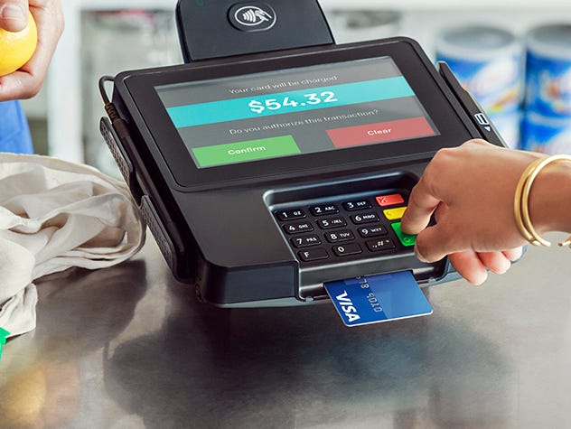 A terminal capable of reading the new chip enabled credit and debit cards.