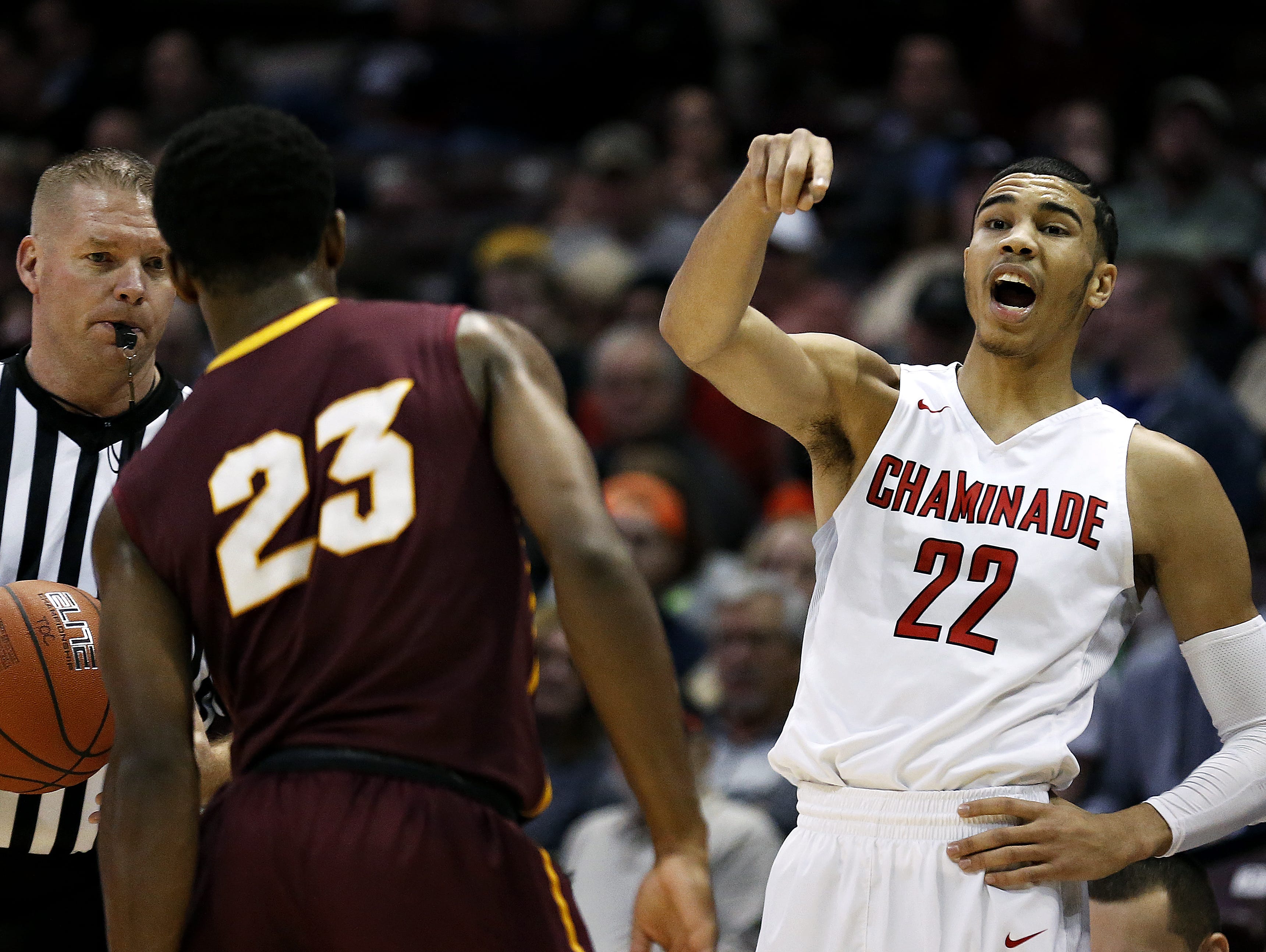 Chaminade College Preparatory School forward Jayson Tatum (22) yells out instructions to his teammates during first-quarter action of a 2016 Tournament of Champions game against Christ The King High School at JQH Arena.