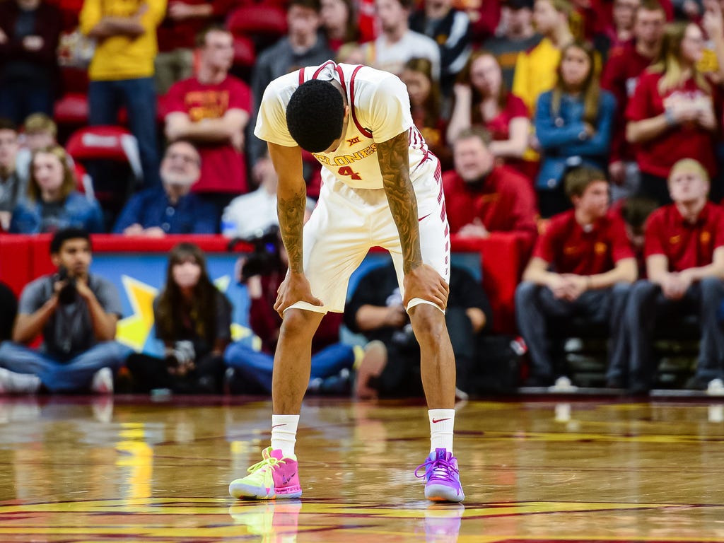 Iowa State Cyclones guard Donovan Jackson reacts near the end of the second half against the Oklahoma State Cowboys at James H. Hilton Coliseum in Ames, Iowa.