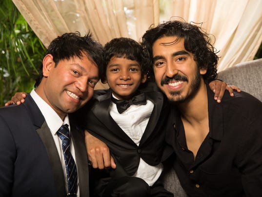 The real-life Saroo (left) and the two actors who played him....