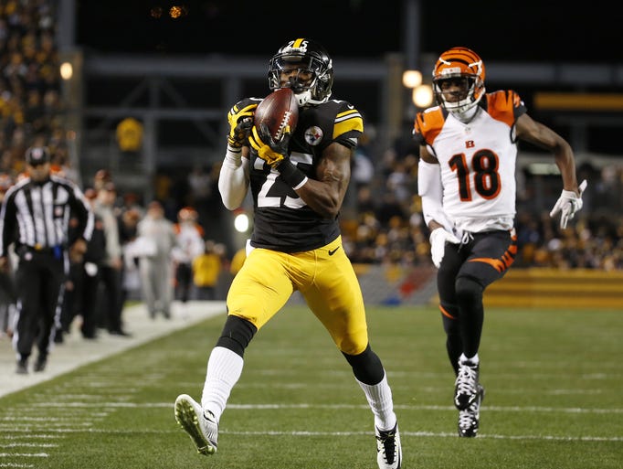 Pittsburgh Steelers cornerback Brice McCain (25) intercepts