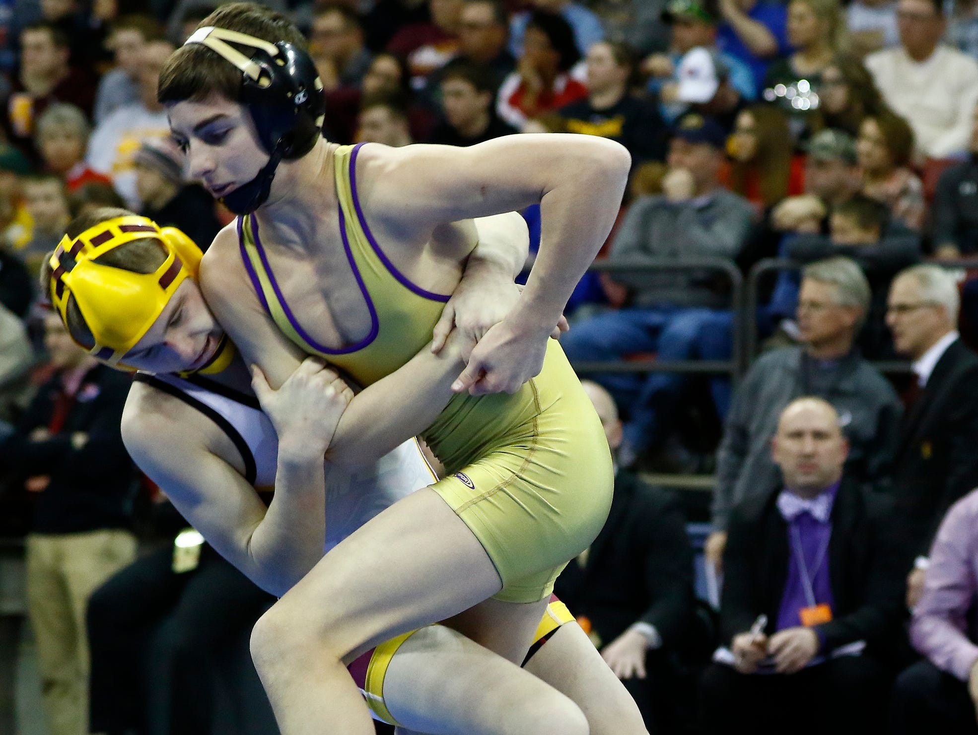 Two Rivers' Joey Bianchi, right, wrestles Luxemburg-Casco's Bryce Bosman during their WIAA Division 2 state championship match on Feb. 27, 2016, at the Kohl Center in Madison. The wrestlers met in the regional, sectional and state finals last year.