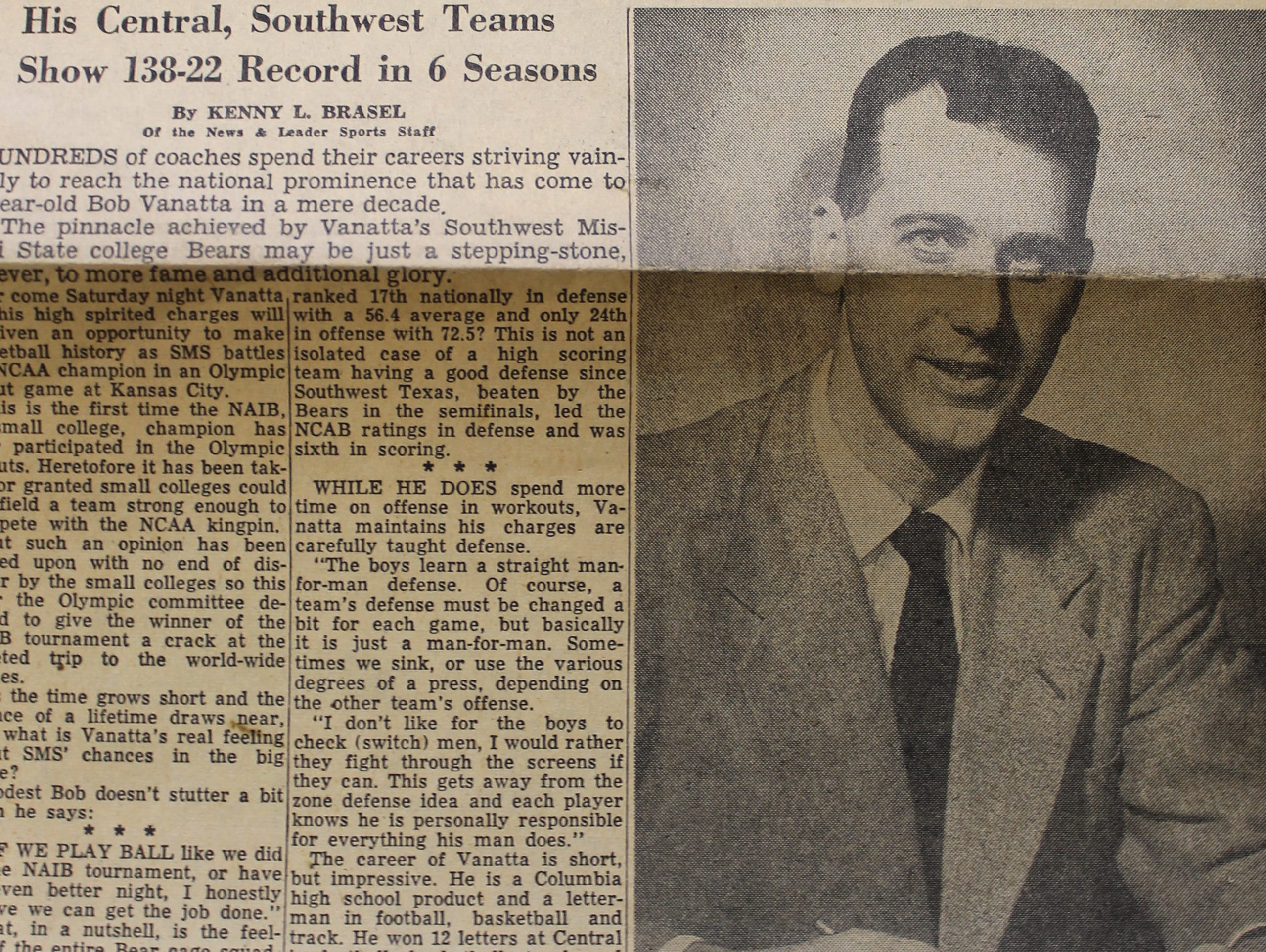 A story from the March 23, 1952 edition of the Springfield News & Leader profiles coach Bob Vanatta and his NAIB national championship team's preparation for a postseason game against 1952 NCAA champion Kansas as part of the U.S. trials for the Olympics in Helsinki, Finland.