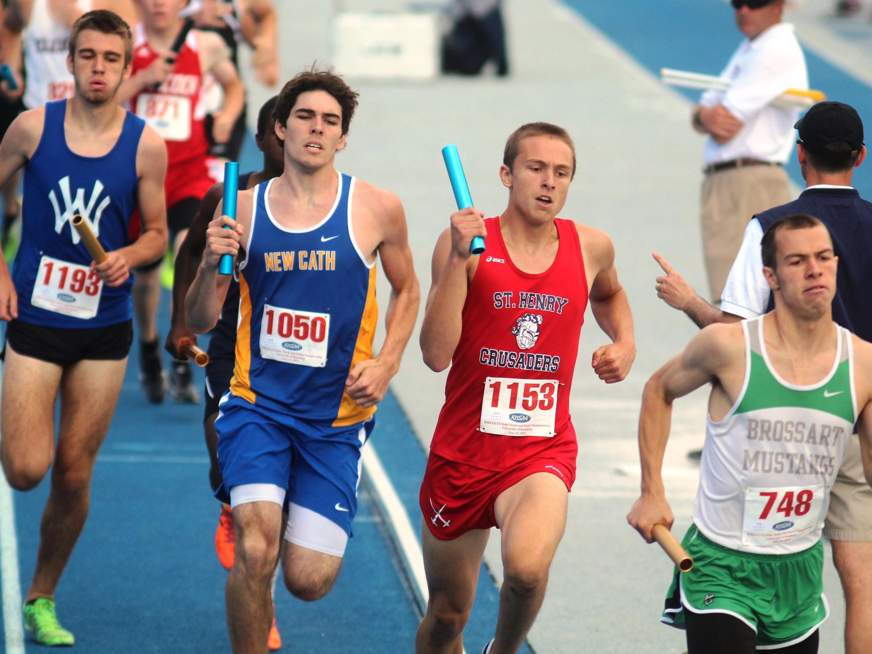 Senior Nathan Akins of Walton-Verona, far left, runs at state.