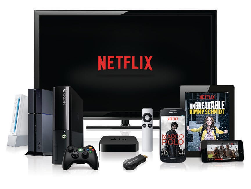 A photo of the various devices that the streaming service Netflix is available on.
