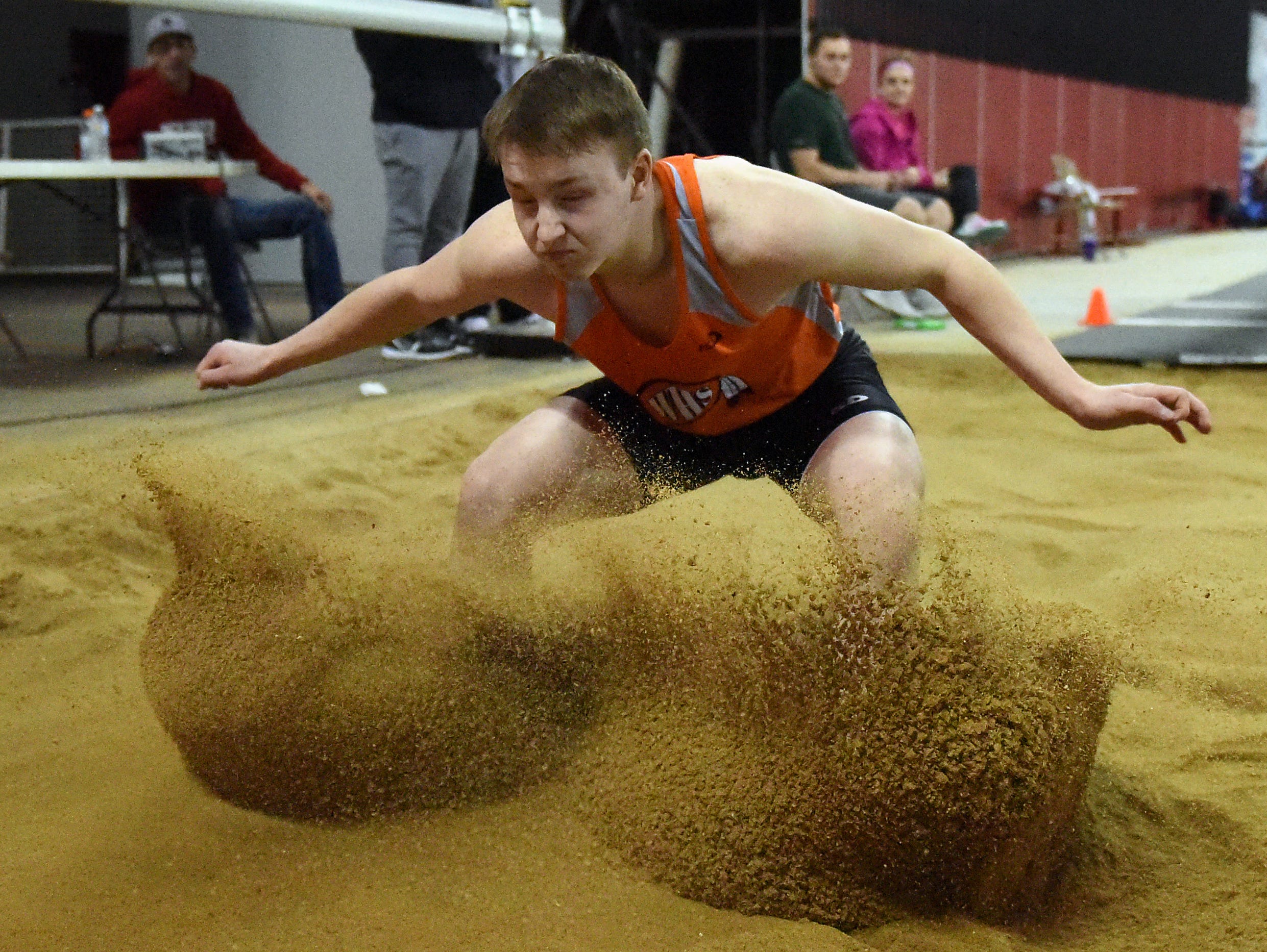 Washington's Nate Freese competes in the boys long jump during the Dan Lennon Invitational at the DakotaDome in Vermillion on Monday, March 28, 2016.