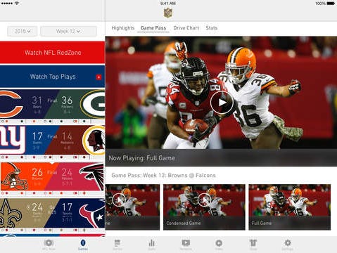 A screen shot of the NFL Mobile app on a tablet.