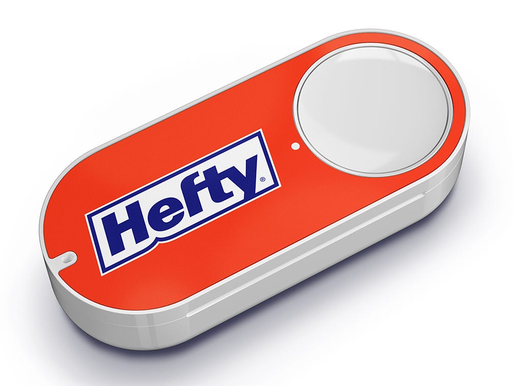 An Amazon Dash ordering button for Hefty trash bags.