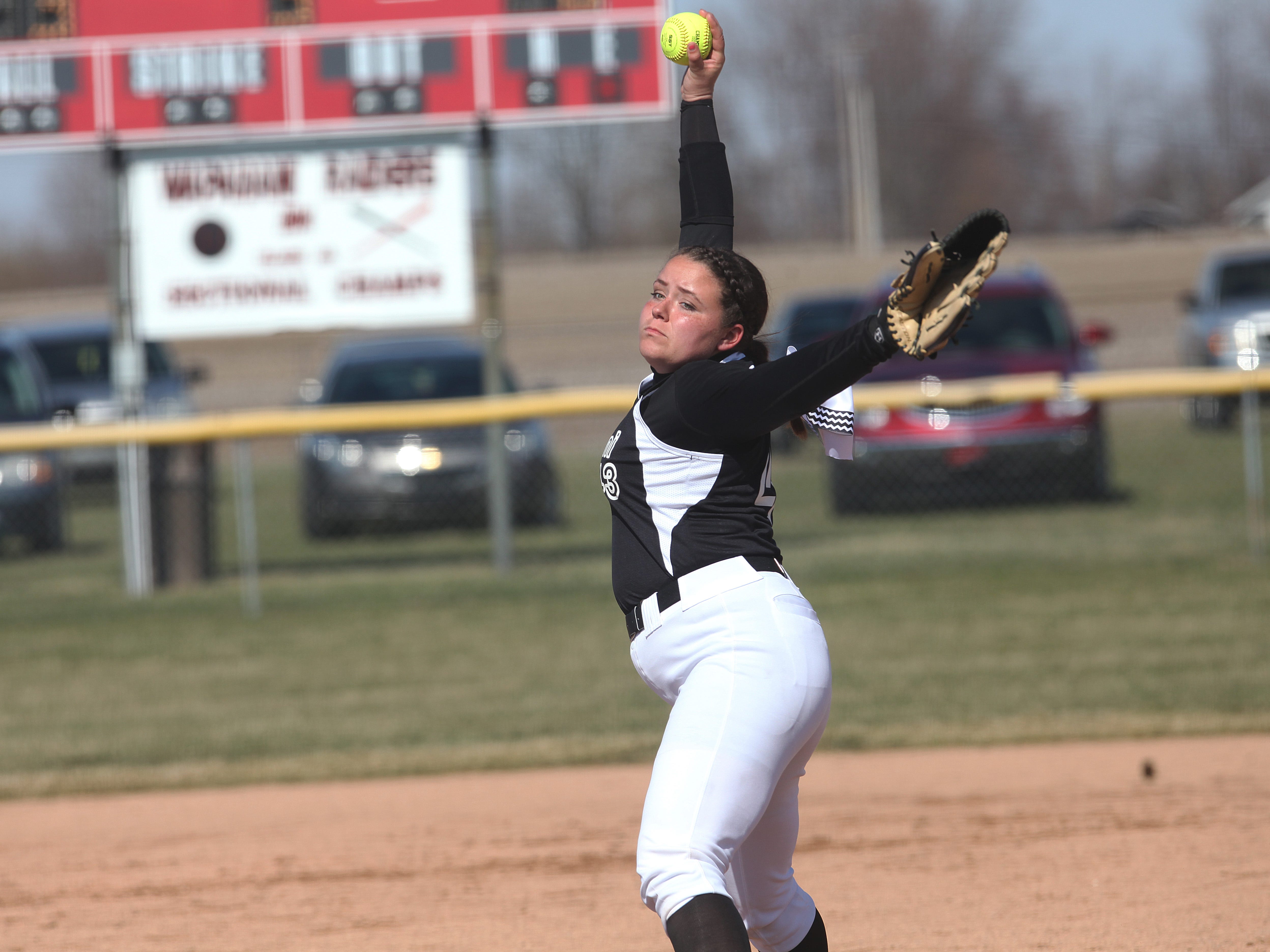 Wapahani’s Kaija Aikman delivers a pitch in the Raiders’ 8-2 win in game one over Jay County.