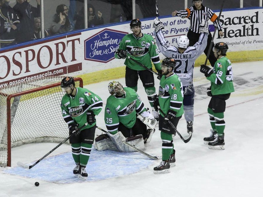 The Louisiana IceGators can only look on as Joe Caveney, 21, of the Ice Flyers gets a goal during Friday night's game at the Pensacola Bay Center.