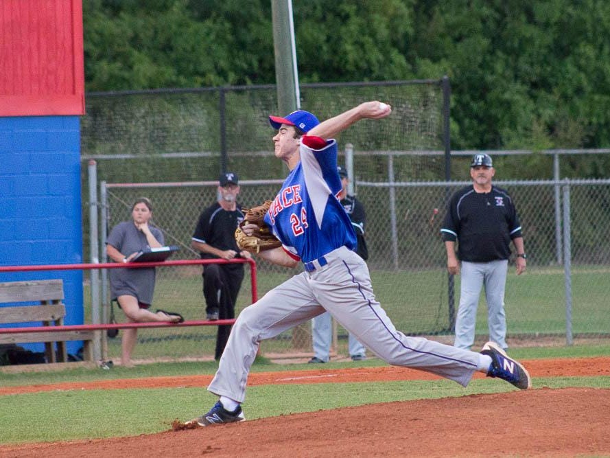 Pace’s Trent Short hurls a pitch during Thursday’s District 1-7A championshp vs. Tate.