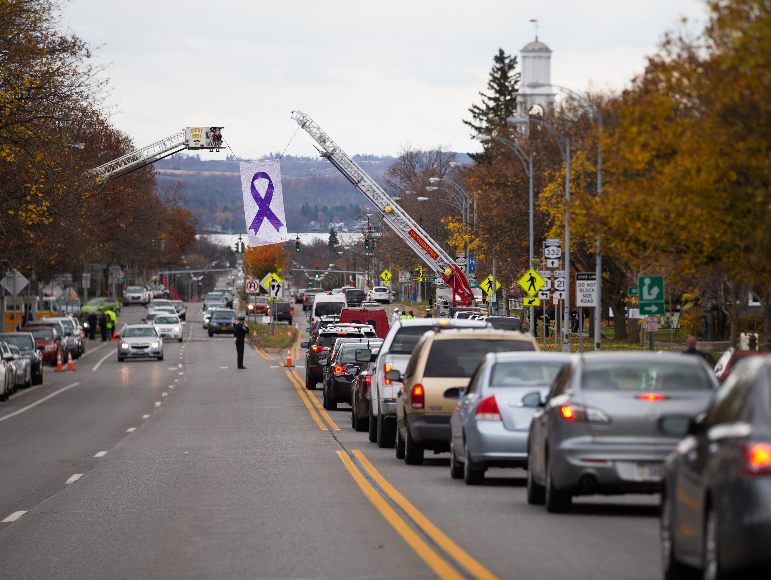 Traffic is backed up leading into downtown Canandaigua prior to Courtney Wagner's funeral on Saturday, November 7, 2015.