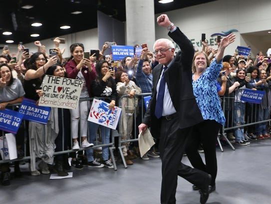 Bernie Sanders arrives for a rally on March 22, 2016,