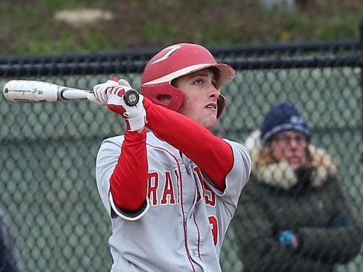 North Rockland's Chris Dodrill (9) hits a solo home run against Mamaroneck at Mamaroneck High School April 6, 2016. North Rockland won the game 4-1.