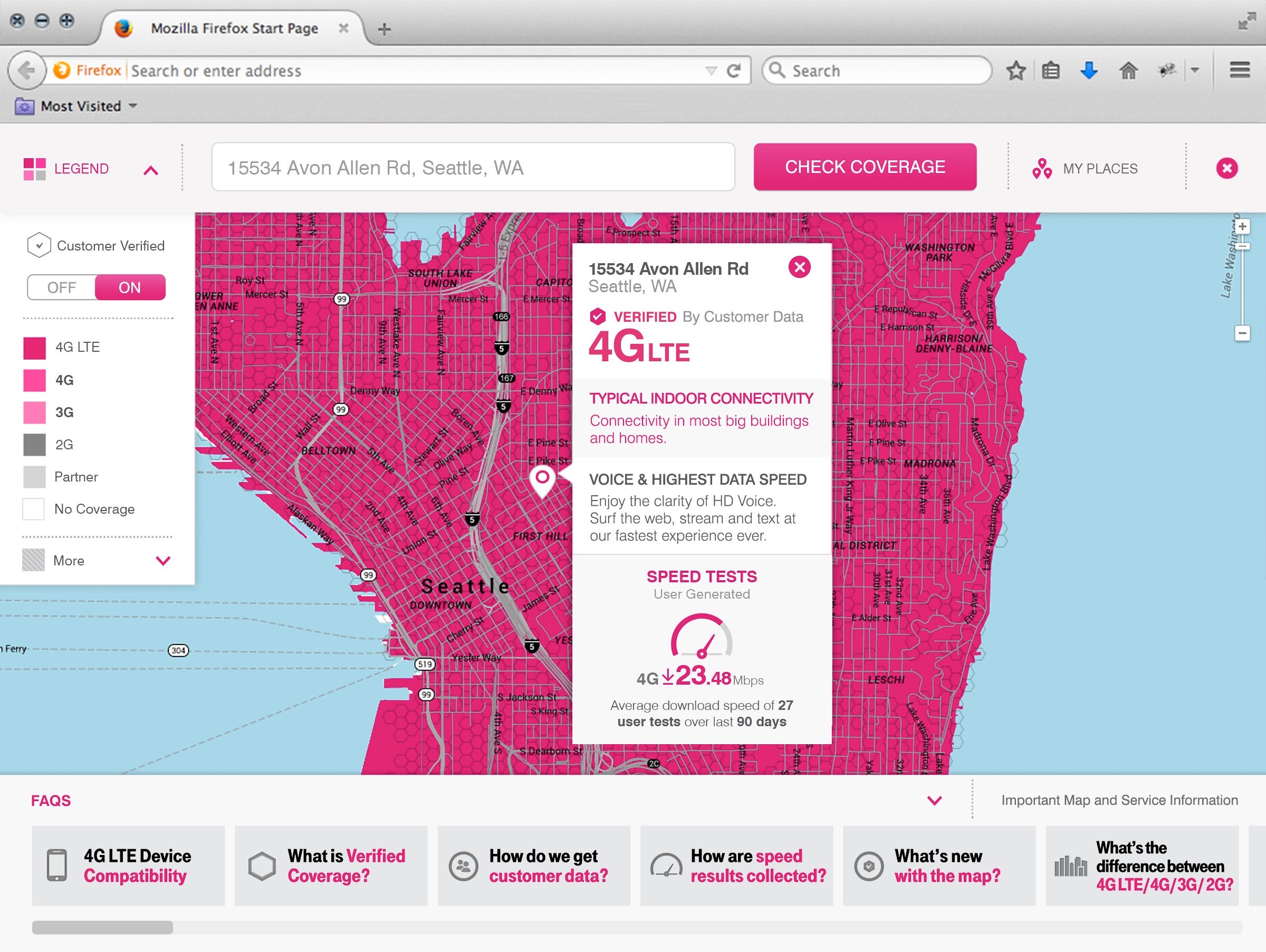 A T-Mobile coverage map in the Seattle area.