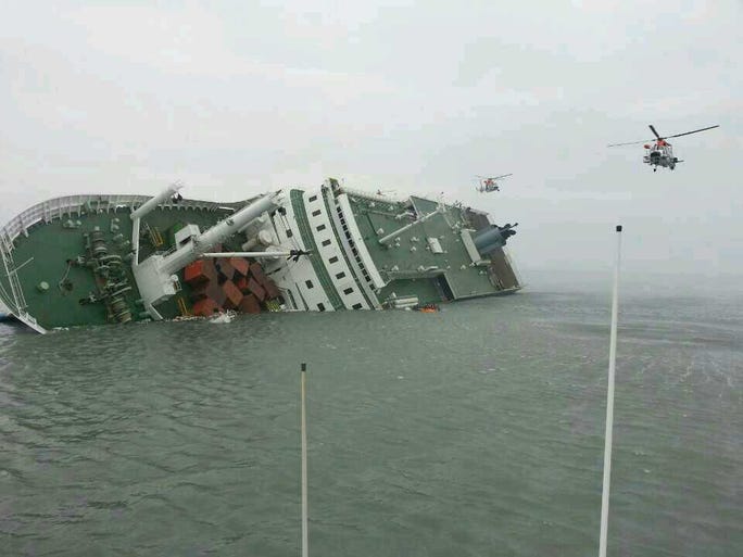 In this handout image provided by the Republic of Korea Coast Guard, a passenger ferry sinks off the coast of Jindo Island on April 16, 2014 in Jindo-gun, South Korea. The ferry identified as the Sewol was carrying about 470 passengers, including students and teachers, traveling to Jeju island. (Photo by The Republic of Korea Coast Guard via Getty Images)