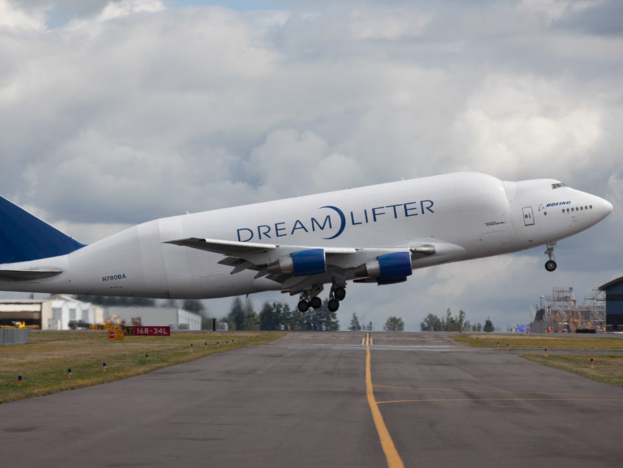 A Boeing Dreamlifter takes off from Paine Field in Everett, Wash., on Sept. 3, 2014.