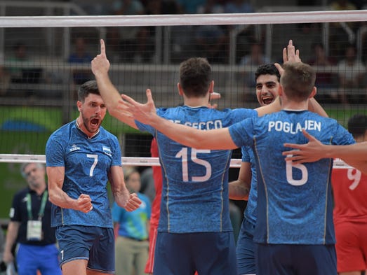 Argentina wing spiker Facundo Conte (7) celebrates