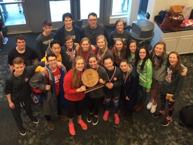 The Carolina Day girls won the NCISAA 1-A/2-A swim meet on Monday in Greensboro.