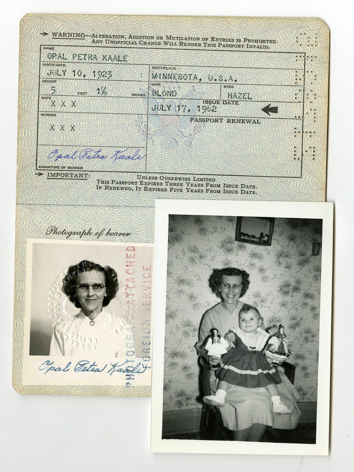 The passport of Kim Kruse’s adoptive mother, Opal Kaale,