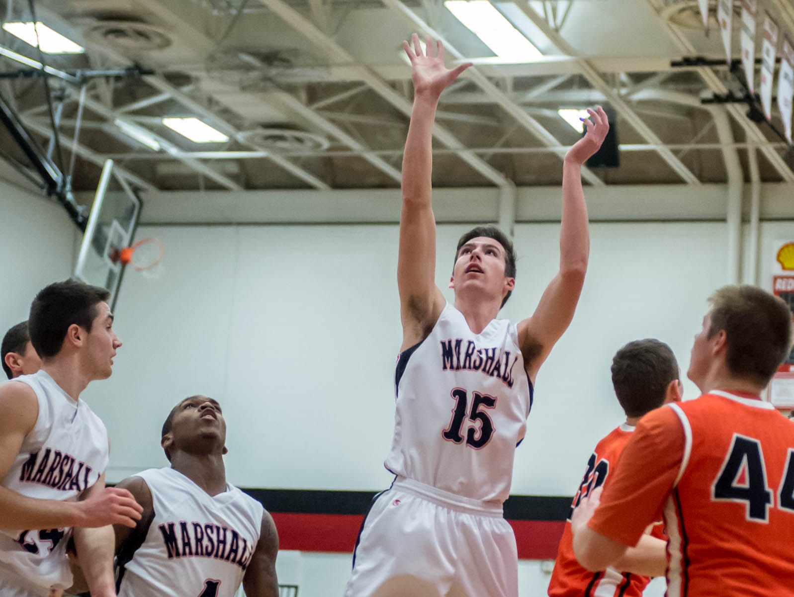 Marshall's T.J. Rocco (15) goes for the hoop against Chatlotte in Tuesday evening's game.