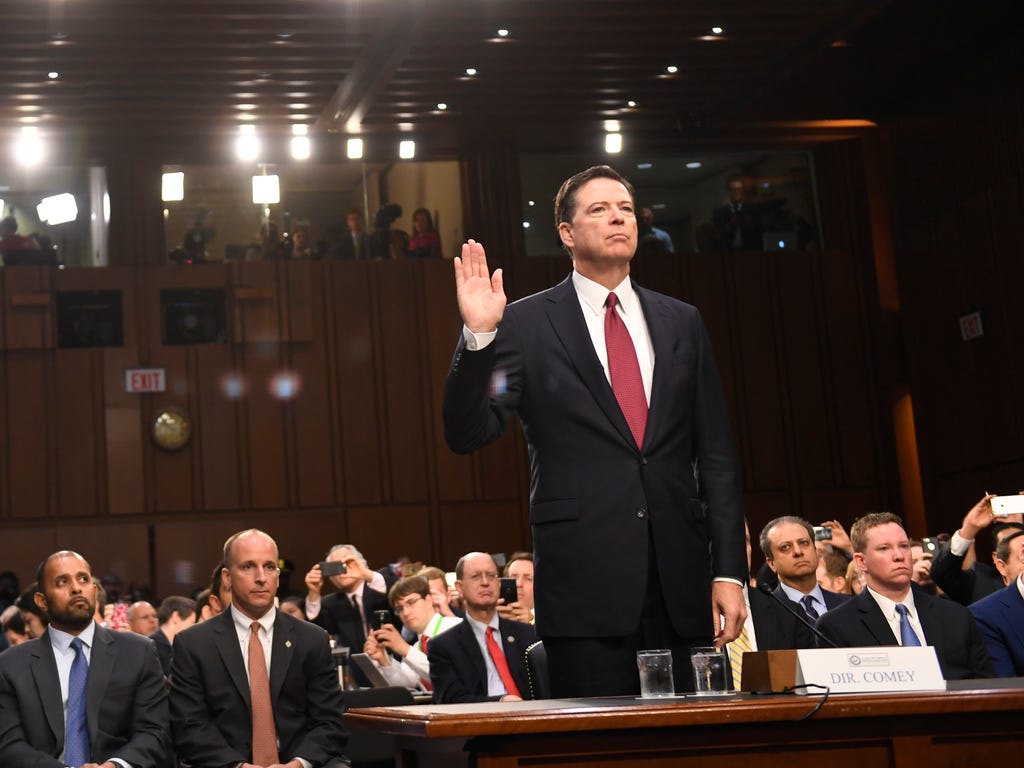 Former FBI director James Comey is sworn-in before a hearing in front of the Senate Intelligence Committee in Washington on June 8, 2017.