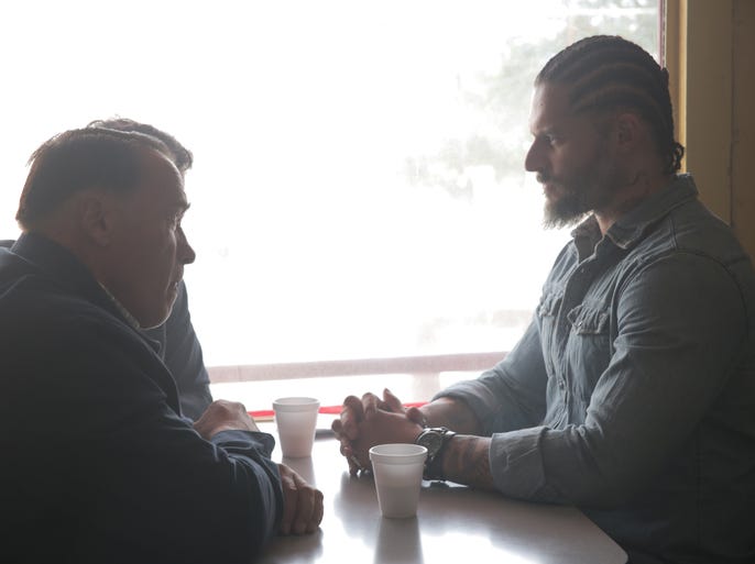 Schwarzenegger (with a dreadlocked Sam Worthington as "Monster") says he was proud of the ensemble cast, which includes Terrence Howard, Olivia Williams, Joe Manganiello and Mireille Enos. "This is a very intense movie. I don't know if everyone has the stomach to handle this. It's brutal," says Schwarzenegger. "We're taking the action thriller to new heights."