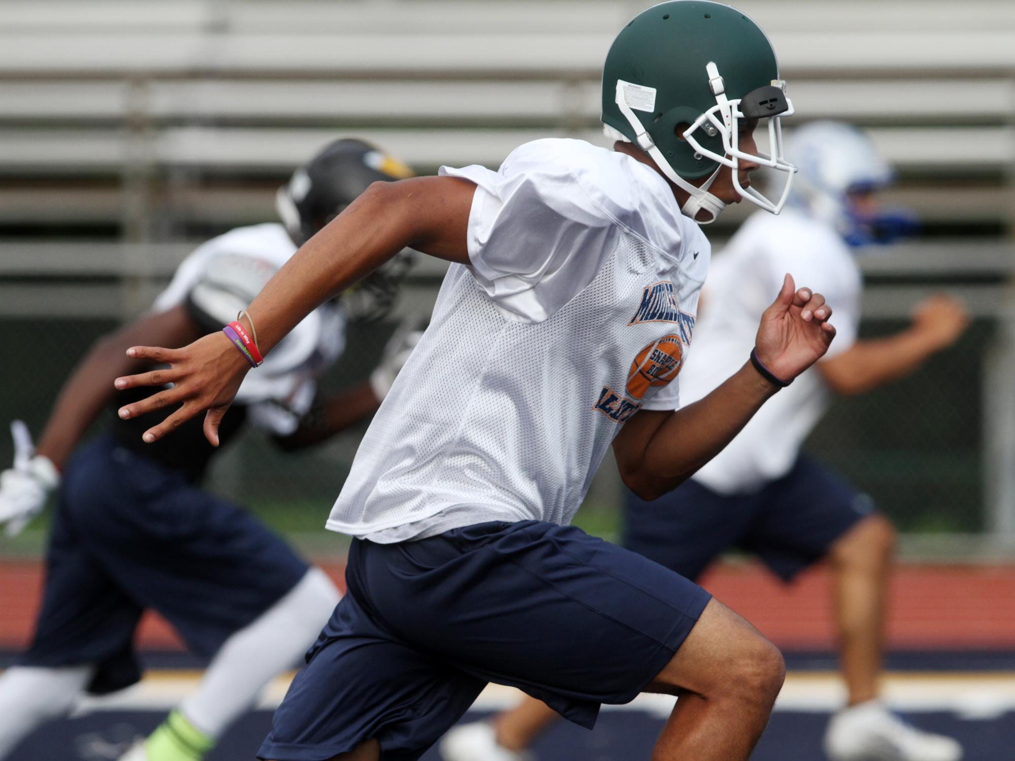Javon Hicks of St Joseph works out during the opening practice for the Middlesex County all-star football players participating in the Snapple Bowl, Monday, July 6, 2015, at Colonia High School in Woodbridge, NJ.