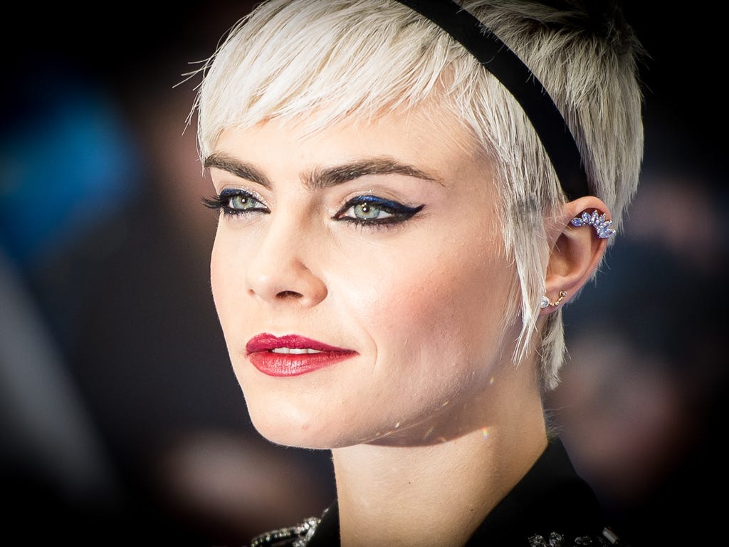 Cara Delevingne is ready for her close-up at the 'Valerian And The City Of A Thousand Planets' European premiere, Thursday, in London, England.