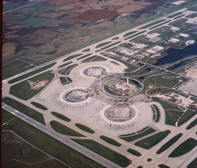 An undated aerial view of Kansas City International Airport.