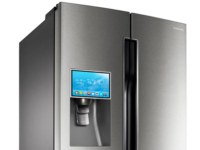 The Samsung T9000 smart refrigerator has a touch-screen LCD built into its door.
