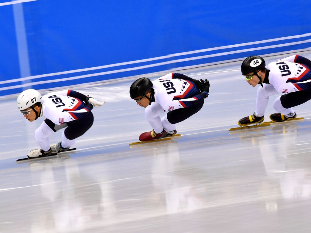 Members of the Team USA Short Track Speedskating squad skate during a training session  at Gangneung Ice Arena in Gangneung, South Korea.