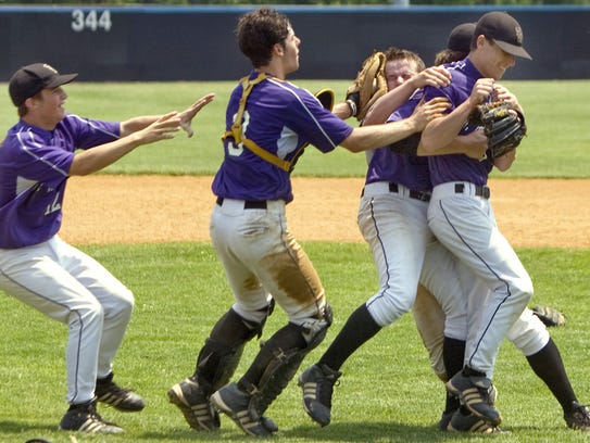 St. Rose players mob their pitcher Connor Smith after