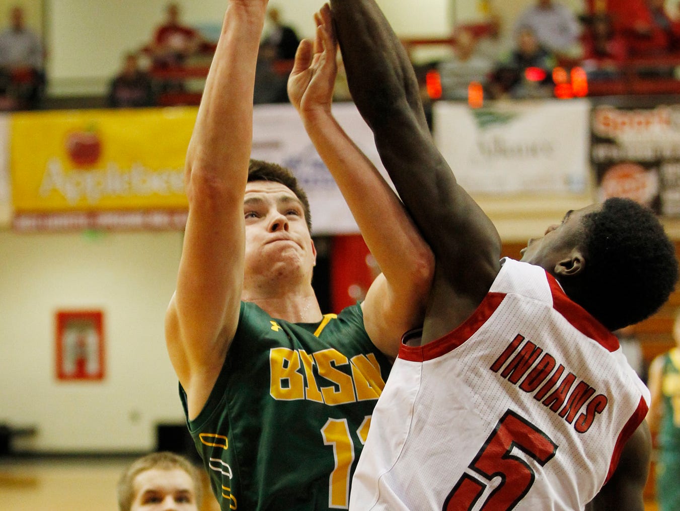 Benton Central's Devin Crabtree has his shot blocked by Kris Goodlow of Twin Lakes in the J&C Hoops Classic Monday, November 30, 2015, at Jefferson High School. Twin Lakes thumped Benton Central 75-44.