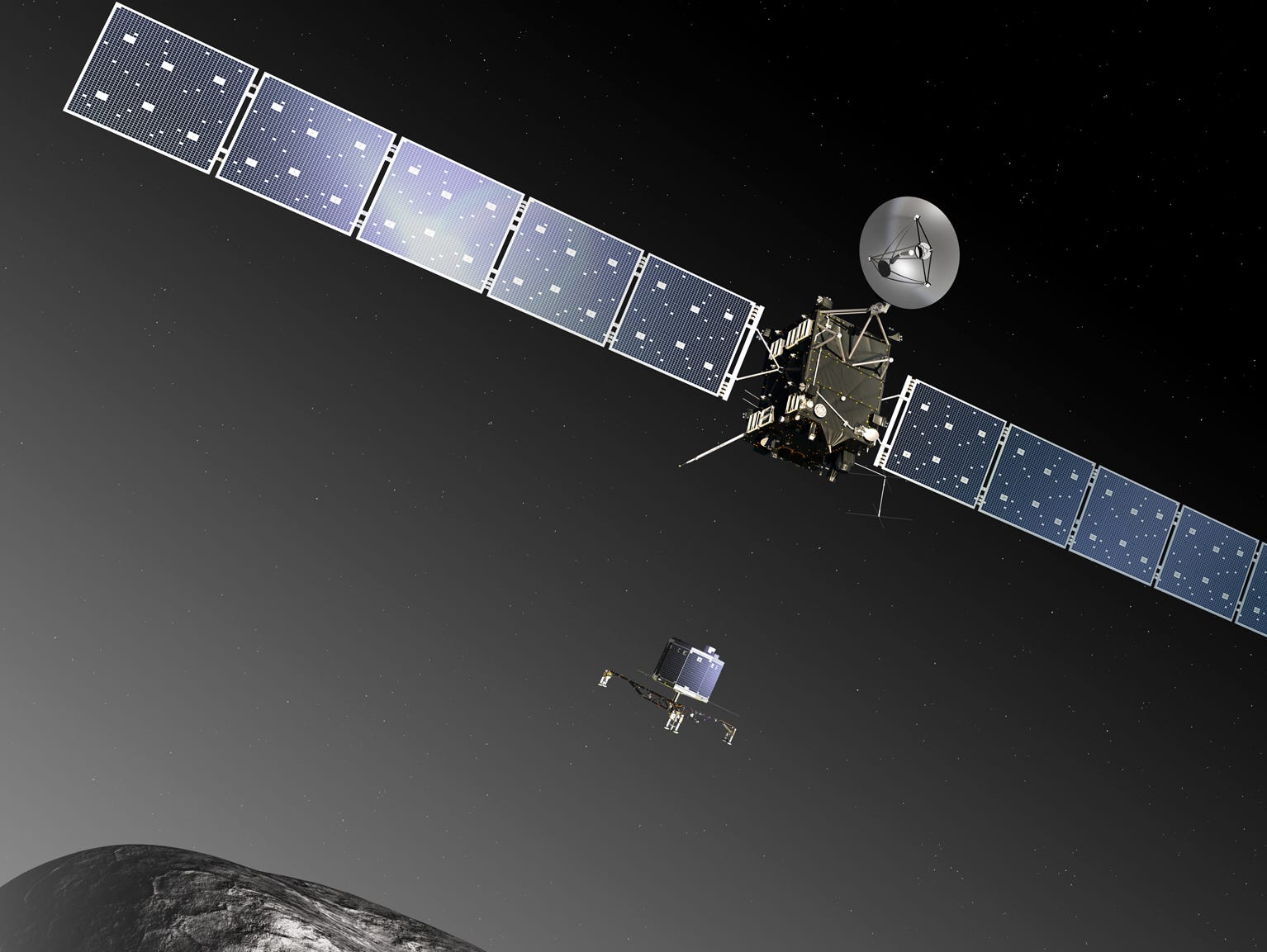 An artist's impression shows the Rosetta orbiter deploying the Philae lander to comet 67P/Churyumov-Gerasimenko.