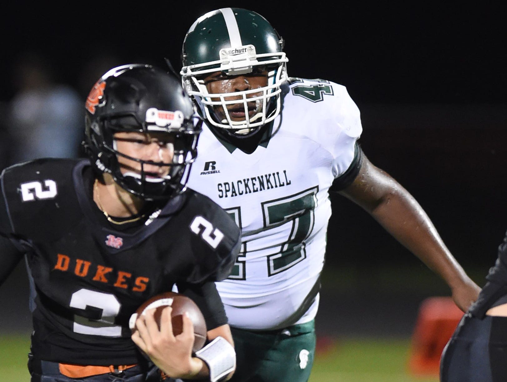 Spackenkill's Kyiev Bennermon covers Marlboro's Sam Mongelli during a game on September 2nd at Marlboro High School.