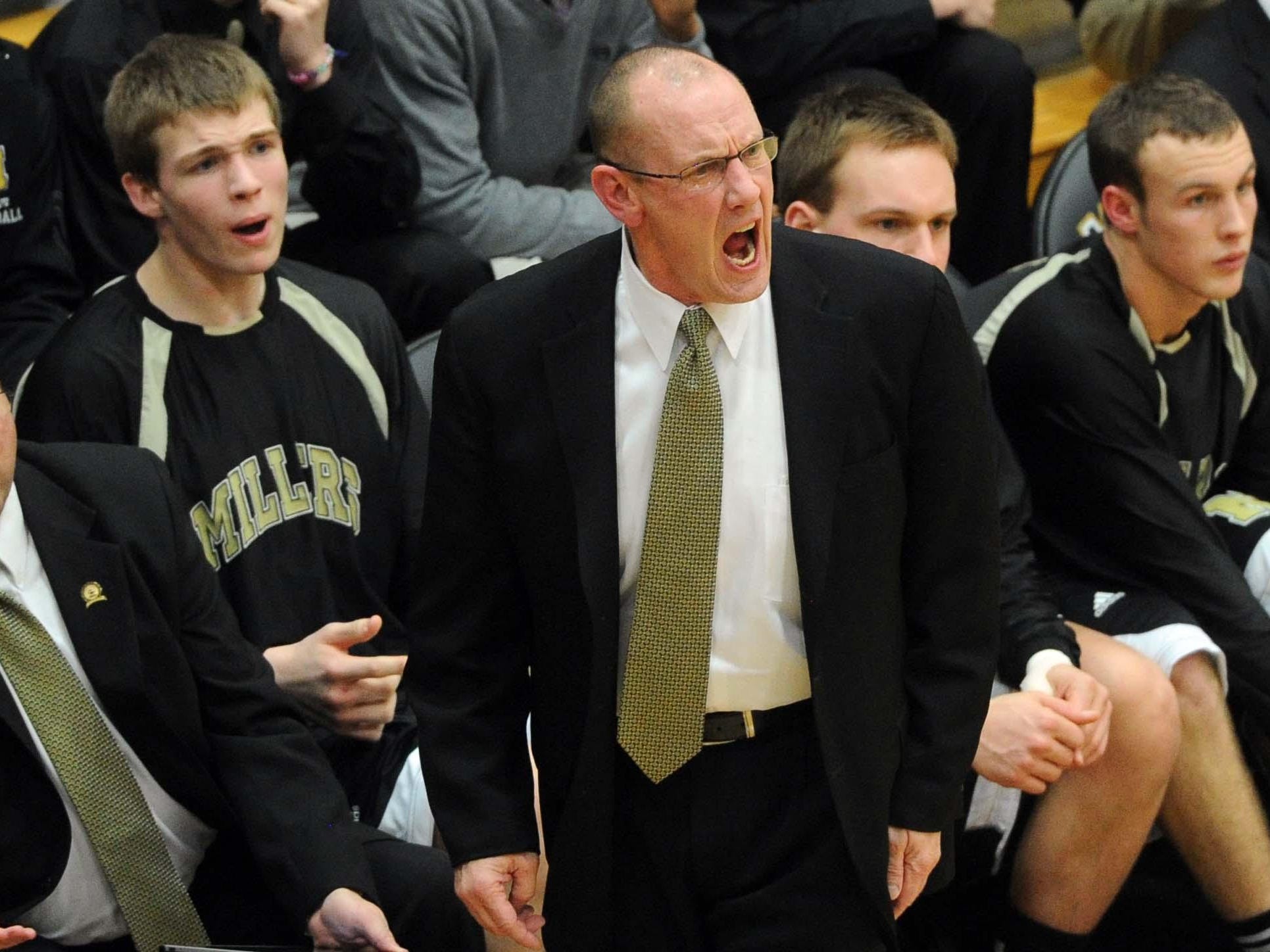 Noblesville coach Dave McCollough expresses himself during the game. Hamilton Southeastern defeated Noblesville 73-65 in the Noblesville sectional Friday March 2, 2012. Rob Goebel/The Star.