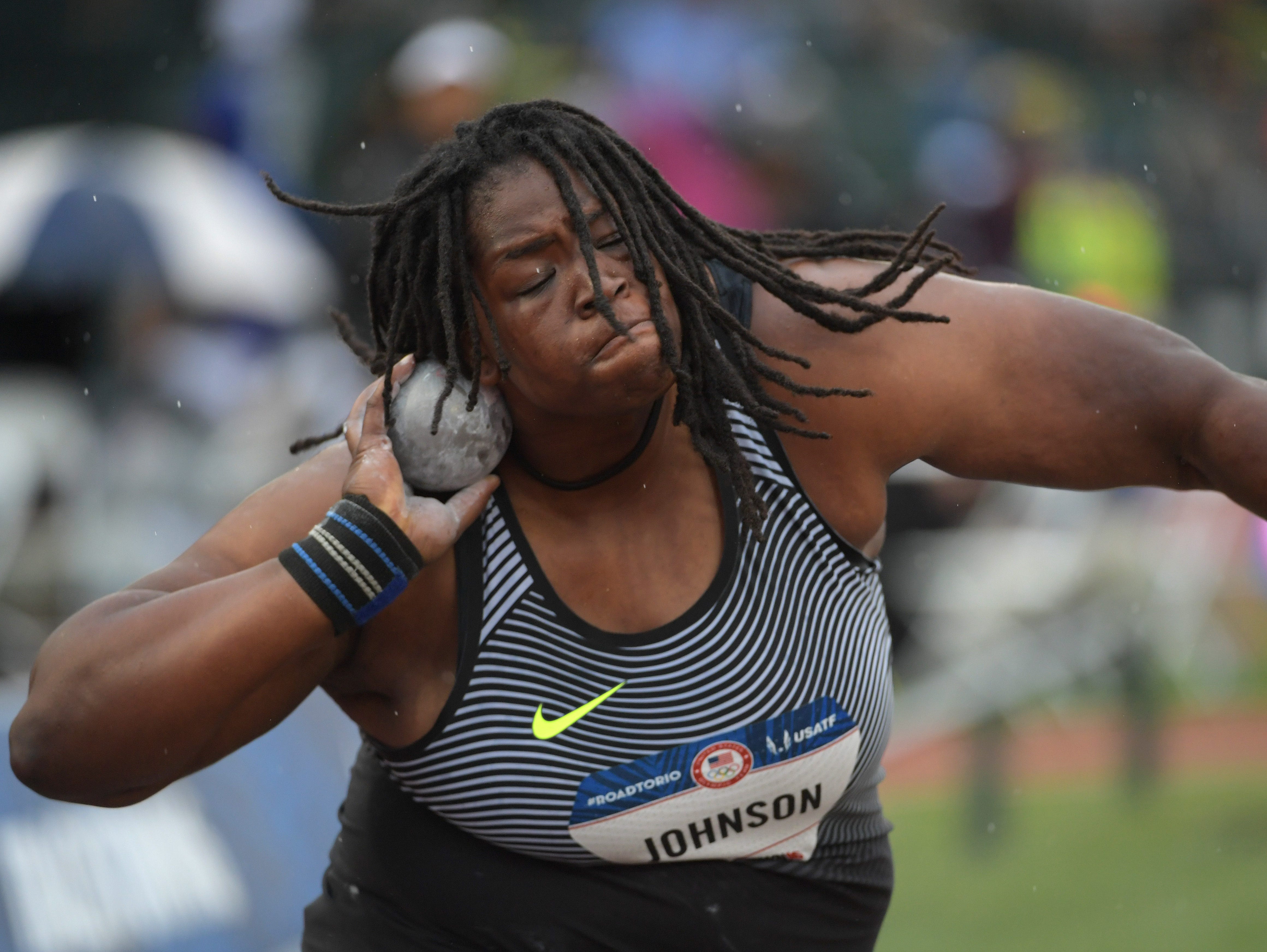 Felisha Johnson competes during the women’s shot put final in the 2016 U.S. Olympic track and field team trials at Hayward Field.
