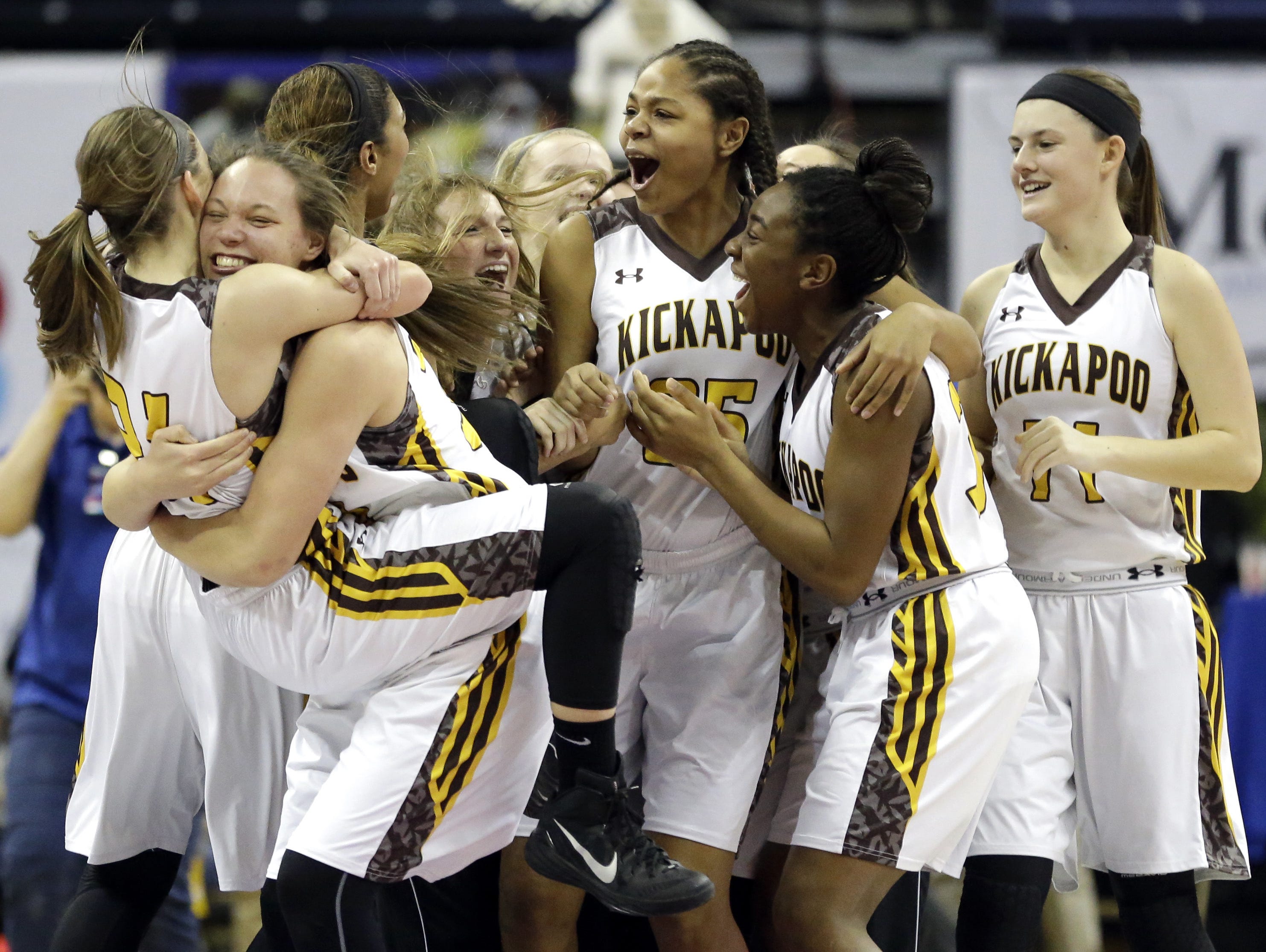 Kickapoo celebrates after defeating Kirkwood in the Class 5 state championship game.