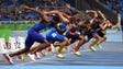 A view of the start during the men's 110-meter hurdles