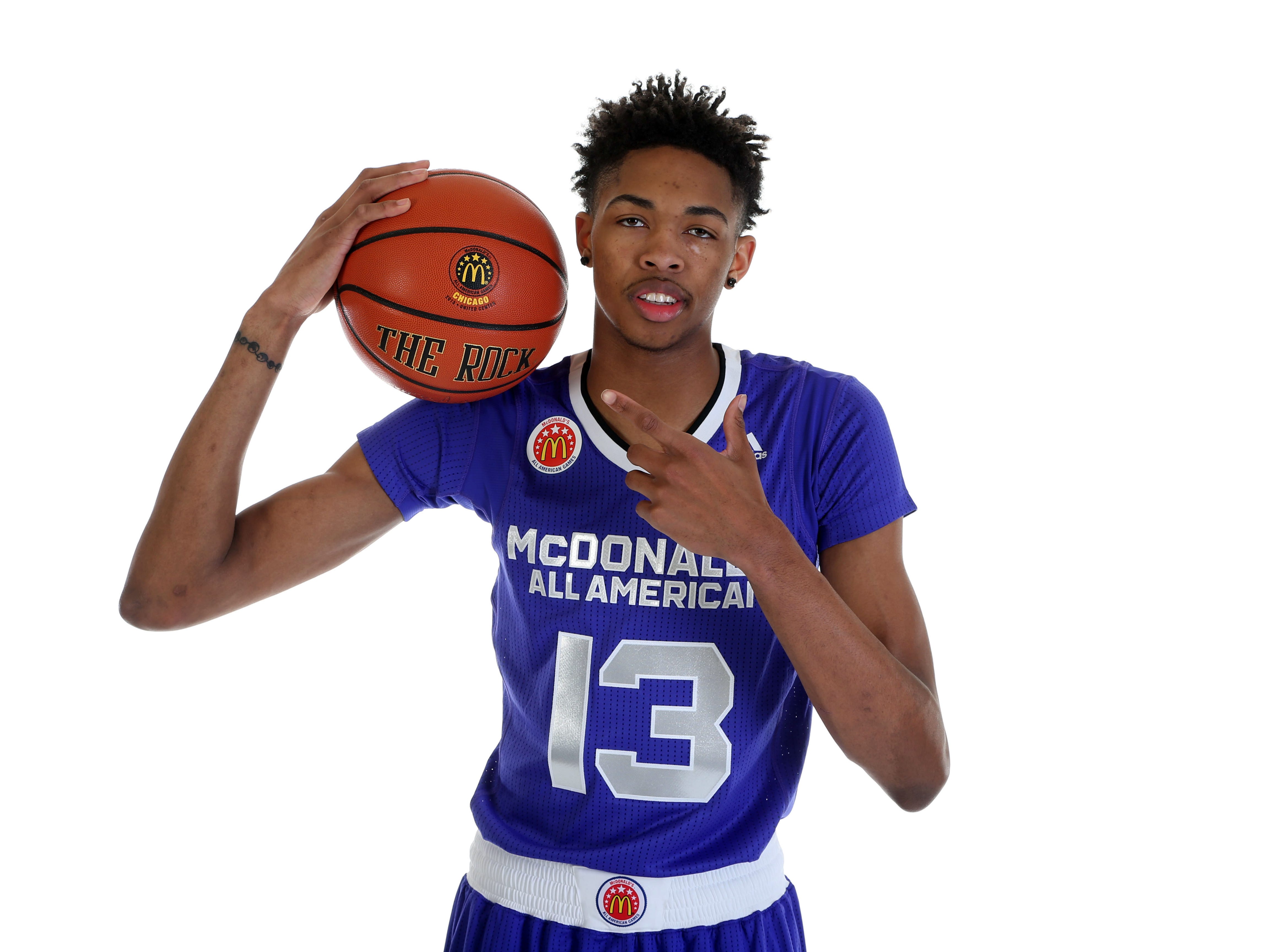 Mar 28, 2015; Chicago, IL, USA; McDonalds High School All American athlete Brandon X Ingram (13) poses for pictures during portrait day at the Westin Hotel. Mandatory Credit: Brian Spurlock-USA TODAY Sports