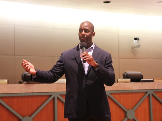 Mayor Andrew Gillum addresses a crowd at a Tallahassee