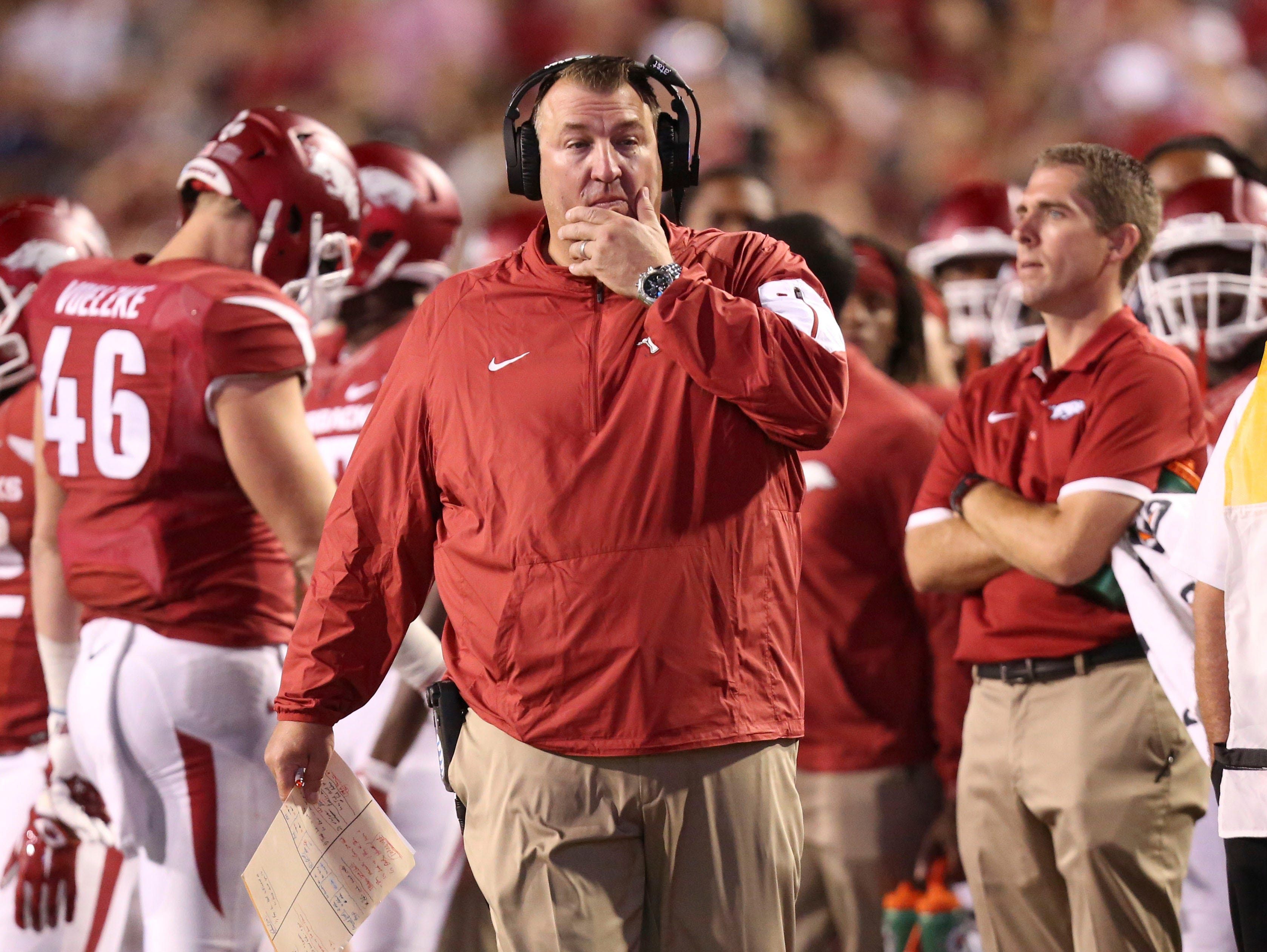 Arkansas Razorbacks head coach Bret Bielema was looking for answers during the fourth quarter against the Texas Tech Red Raiders at Donald W. Reynolds Razorback Stadium on Saturday night. Texas Tech defeated Arkansas 35-24.