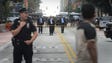 New York Gov. Andrew Cuomo, center right, walks down